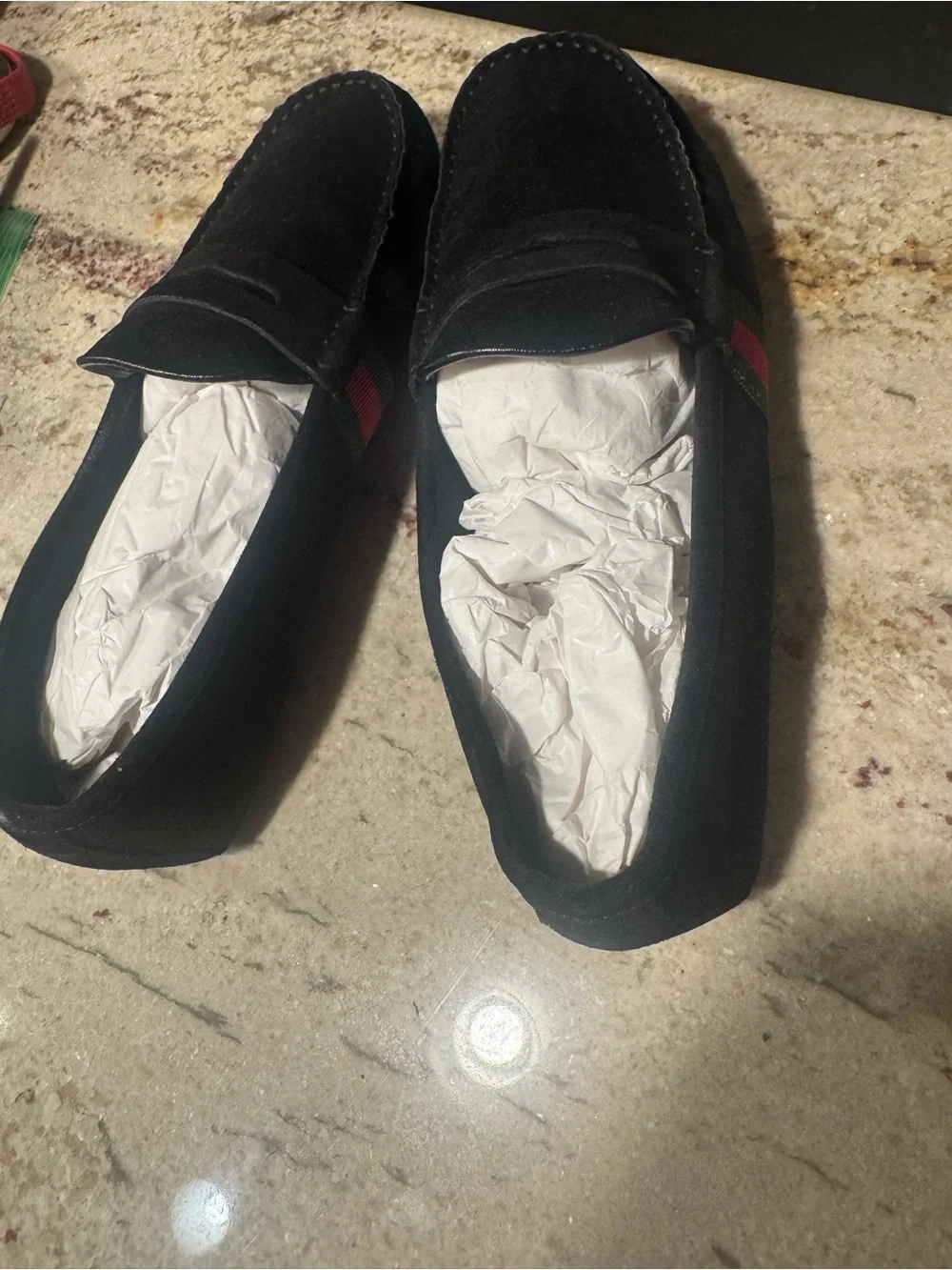 Gucci Black Suede Loafers with Red & Green Web Stripe